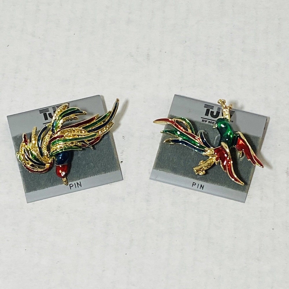 Vintage Gold Tone Enamel Flying Bird Rhinestone Brooch Pin Jewelry Bundle